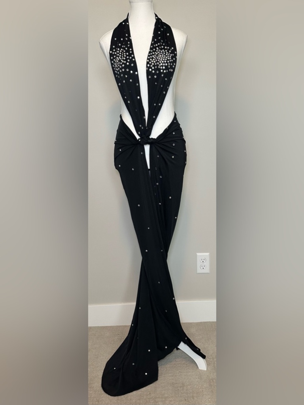Black Rhinestone Cutout Halter Maxi Dress Backless Glam Sexy Evening Gown‎ S/M - Picture 5 of 11